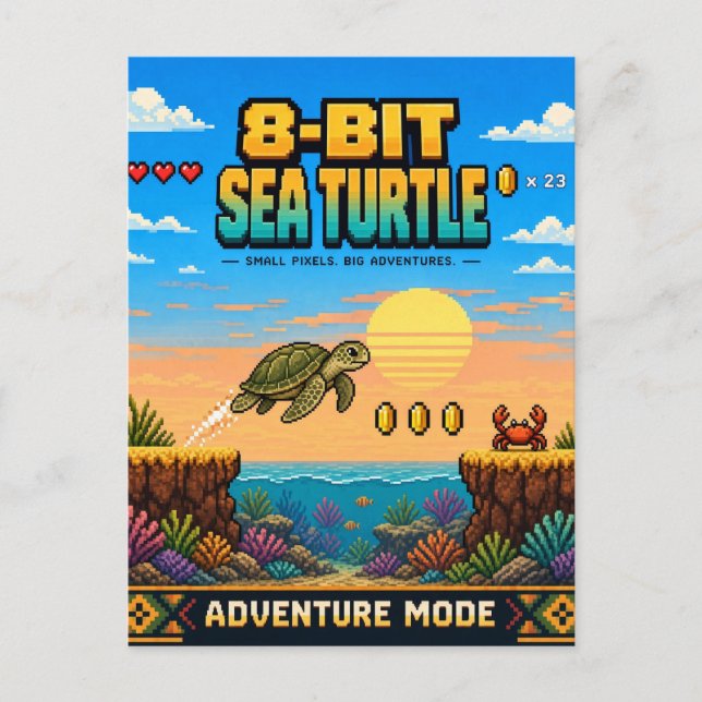 Carte Postale Tortue de mer, pixel art rétro 8 bits (Devant)