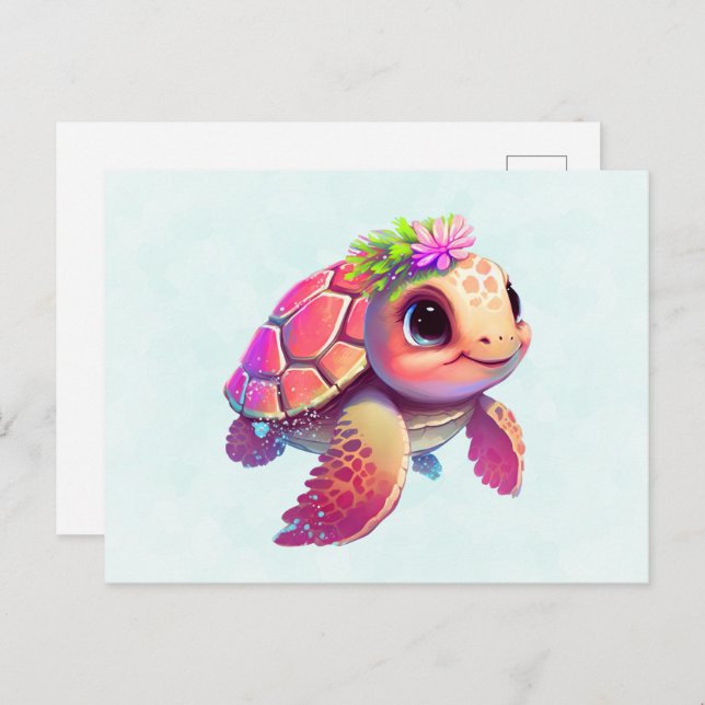 Carte Postale Tortue de mer rose Whimsical & mignon (Devant / Derrière)