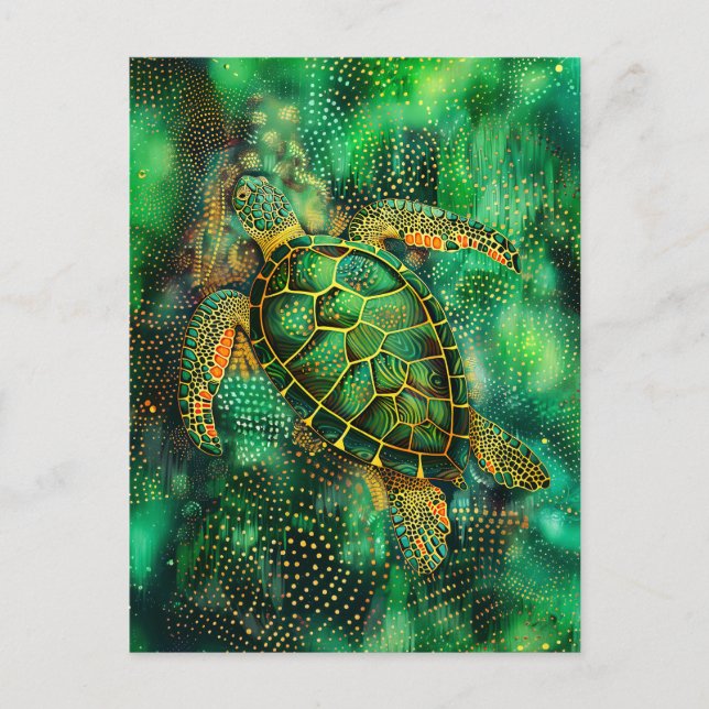 Carte Postale Tortue de mer verte en style aborigène Dot Art (Devant)