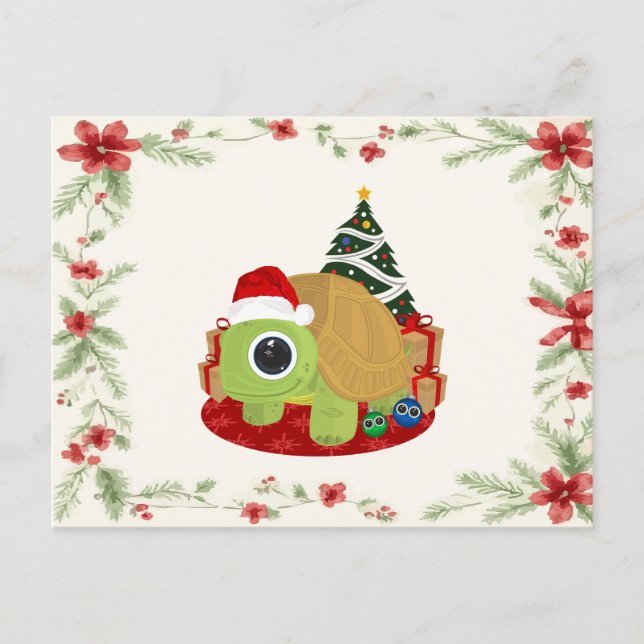 Carte Postale Tortue de Noël mignonne avec fête de gui de houx (Devant)