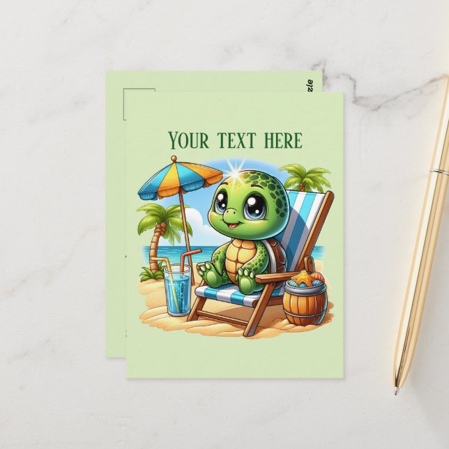 Carte Postale Tortue de plage d'été mignonne ajouter du texte  (Devant/Arrière en situation)