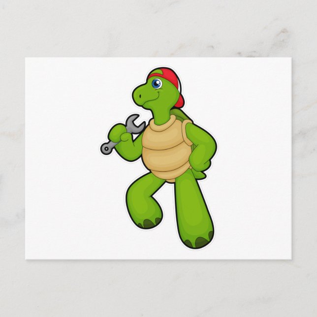 Carte Postale Tortue en mécanicien avec clé à écrou et casquette (Devant)