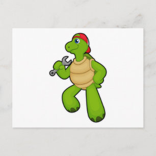 Carte Postale Tortue en mécanicien avec clé & casquette