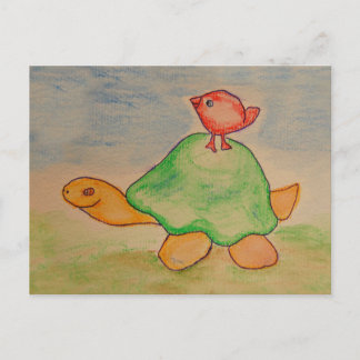 Carte Postale Tortue et oiseau en promenade