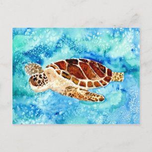 Carte Postale tortue marine vie marine aquarelle peinture