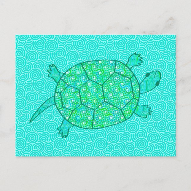 Carte Postale Tortue tourbée arabesque - nuances de vert (Devant)