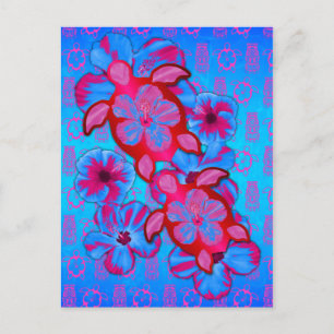 Carte Postale Tortues De Miel Tropicales Et Fleurs D'Hibiscus