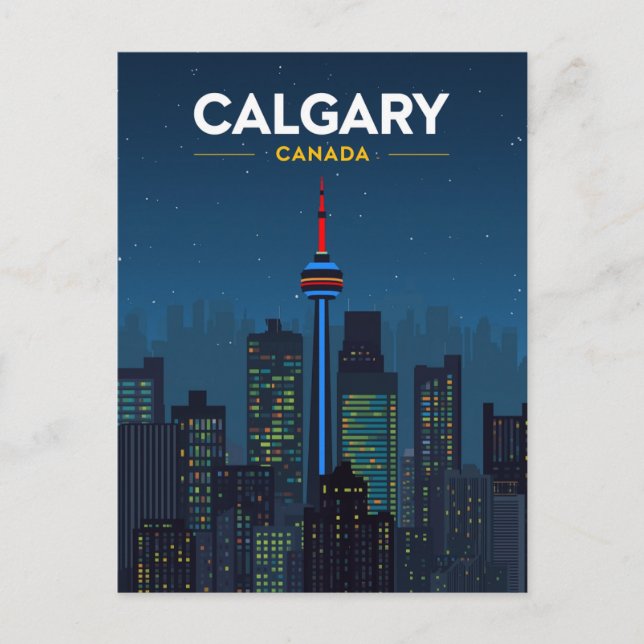 Carte Postale Tour de Calgary Skyline Nuit Rétro (Devant)