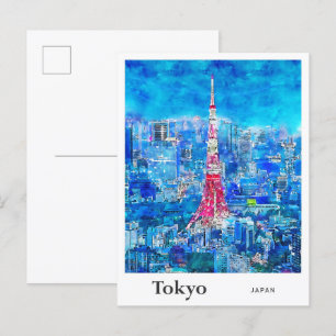 Carte Postale Tour de Tokyo Japon Aquarelle Voyage Main tirée