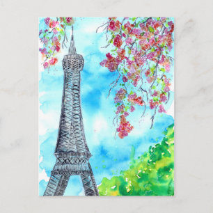 Carte Postale Tour Eiffel au printemps aquarelle