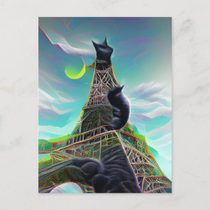 Carte Postale Tour Eiffel Chat Noir Twilight Surreal Paris Moon