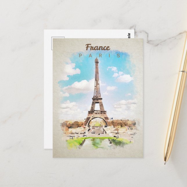 Carte Postale Tour Eiffel en aquarelle (Devant/Arrière en situation)