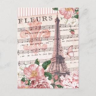 Carte Postale Tour Eiffel Fleur française Collage rose