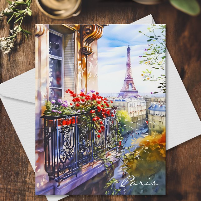 Carte Postale Tour Eiffel Paris Balcon Aquarelle Art Voyage (Eiffel Tower Paris Balcony Watercolor Art Travel Postcard)