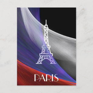 Carte Postale Tour Eiffel Paris bleu rouge blanc drapeau noir