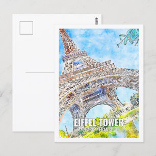 Carte Postale Tour Eiffel Paris France Place de Voyage Aquarelle