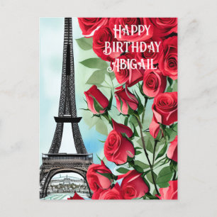 Carte Postale Tour Eiffel Romantique Roses Rouges Joyeux Anniver
