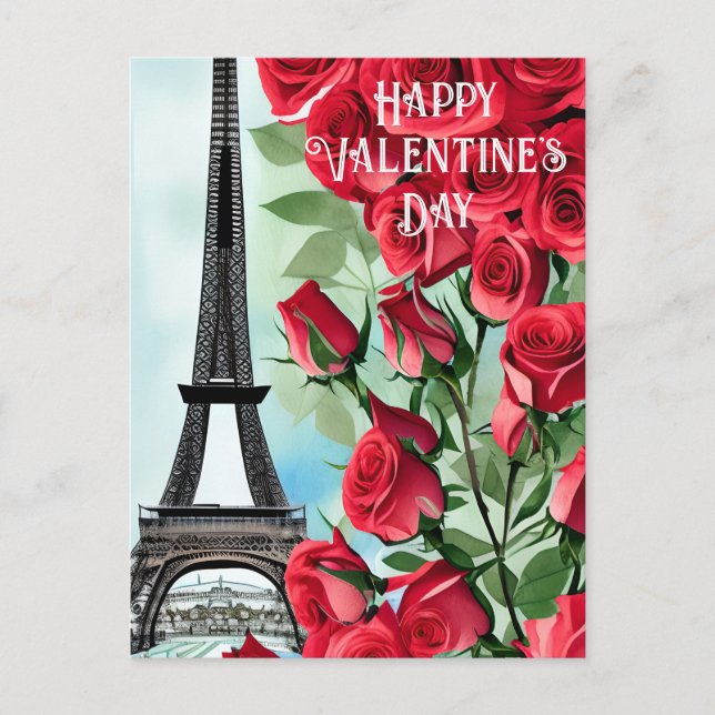 Carte Postale Tour Eiffel Romantique Roses Rouges Saint Valentin (Devant)