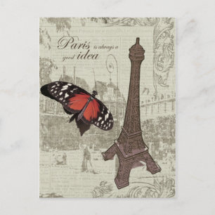 Carte Postale Tour Eiffel, rue paris et papillon