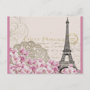 Carte Postale Tour Eiffel vintage avec Fleurs sauvages roses