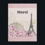 Carte Postale Tour Eiffel vintage Paris Merci France<br><div class="desc">Cette carte postale présente un dessin vintage de la Tour Eiffel à Paris,  France aux fleurs roses. La carte postale dit "Merci",  ou "merci" en français.</div>