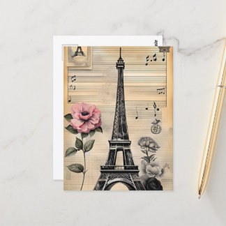 Carte Postale Tour Eiffel vintage Sepia & Fleur rose