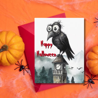Carte Postale Tour horloge de la corneille fantaisiste Halloween