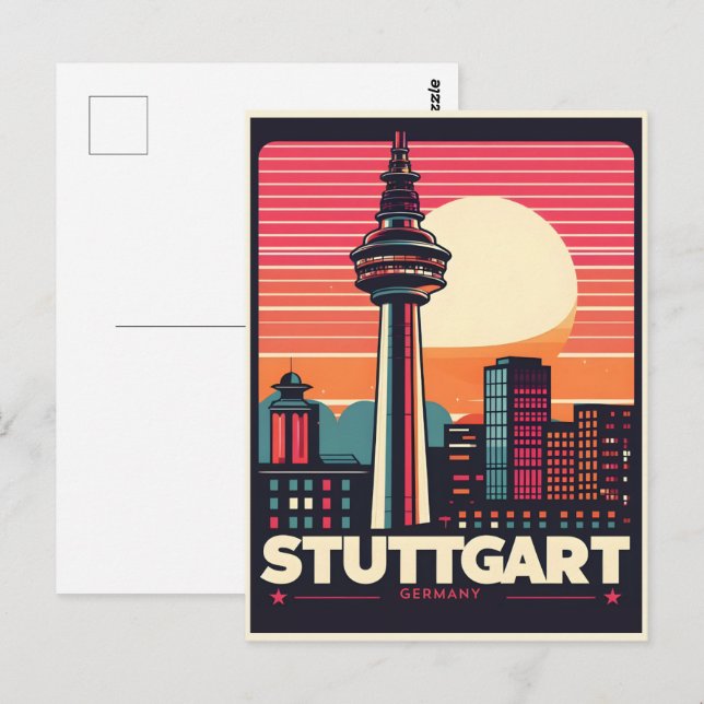 Carte Postale Tour rétro de télévision de Stuttgart Fernsehturm  (Devant / Derrière)