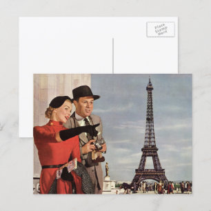 Carte Postale Touristes vintages à la Tour Eiffel, Paris Vacance