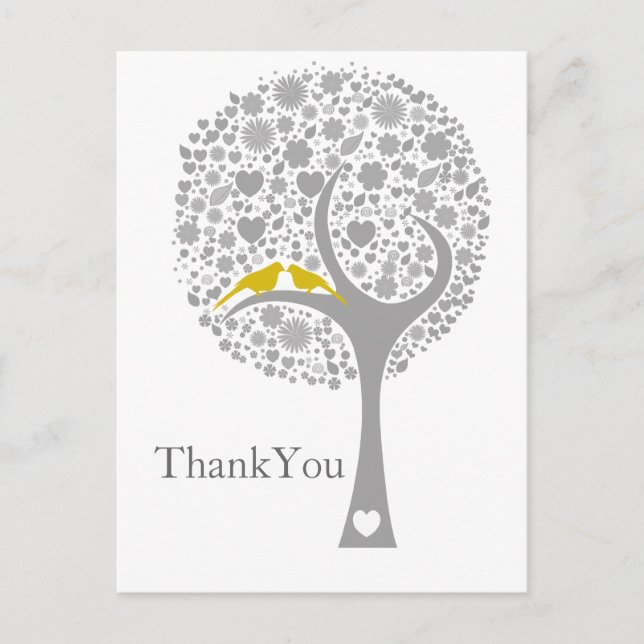 Carte Postale tourmier jaune lovebirds mod mariage Merci (Devant)