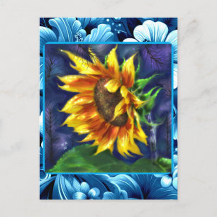 Carte Postale Tournesol à la Nuit Bleu Jaune Fleur verte Florale