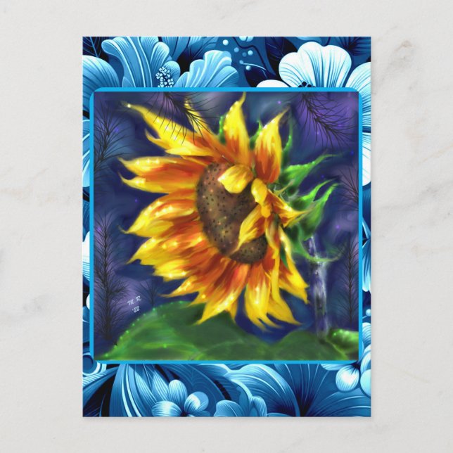 Carte Postale Tournesol à la Nuit Bleu Jaune Fleur verte Florale (Devant)