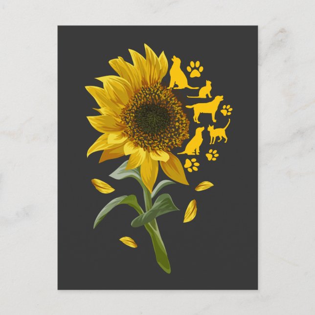 Carte Postale Tournesol avec Chien et Chat Paw Feline Art (Devant)