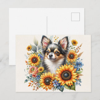 Carte postale tournesol Chihuahua | Art canin flor