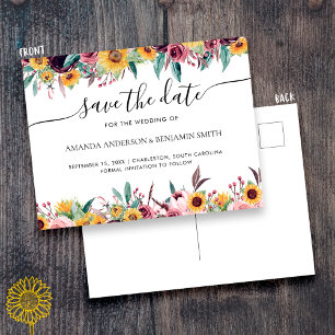 Carte Postale Tournesol Rose Bourgogne Rustique Floral Automnal