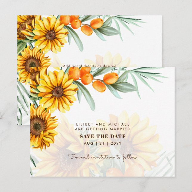 Carte Postale Tournesols Boho Rustiques Mariage SAUVER LES DATES (Devant / Derrière)