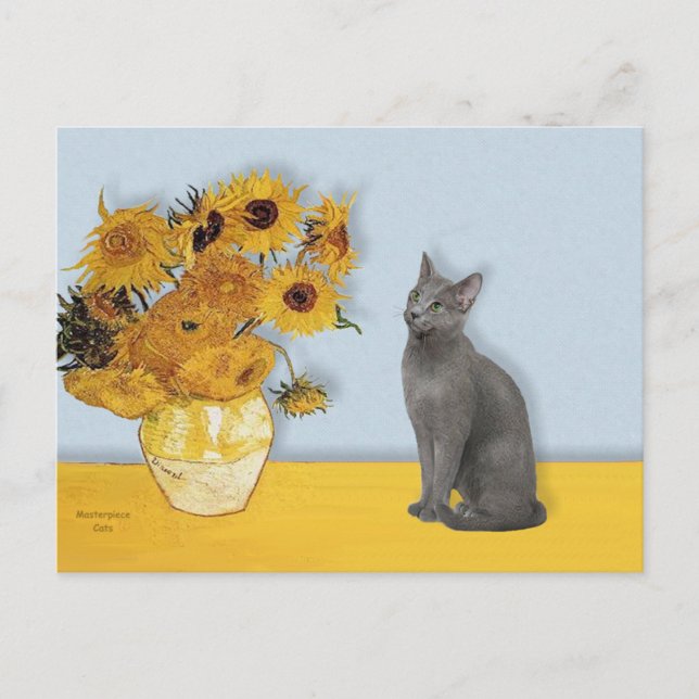 Carte Postale Tournesols - chat bleu russe (Devant)