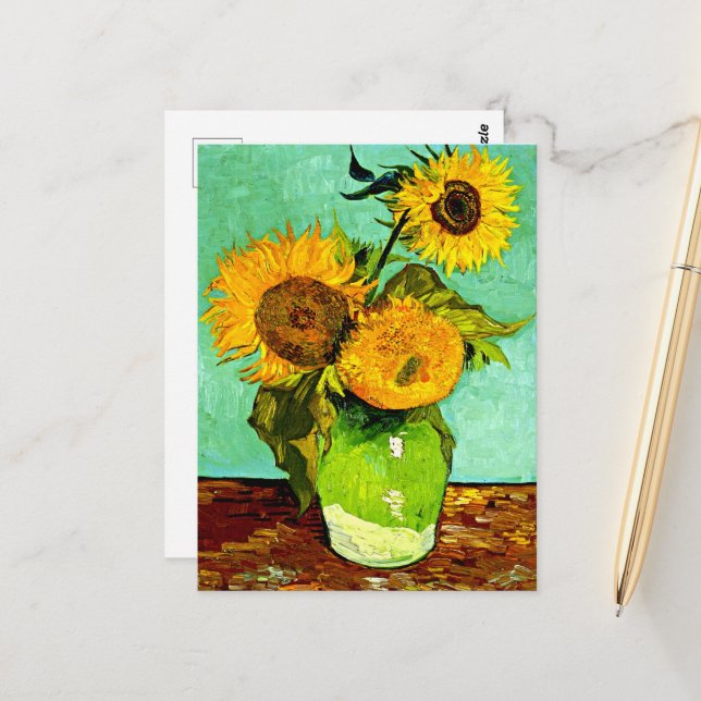 Carte Postale Tournesols de Vincent van Gogh (3). (Devant/Arrière en situation)