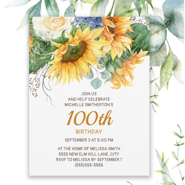 Carte Postale Tournesols Eucalyptus 100e anniversaire (Sunflowers and eucalyptus 100th birthday party invitation)