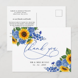 Carte Postale Tournesols Floraux Bleu Royal Moderne Merci
