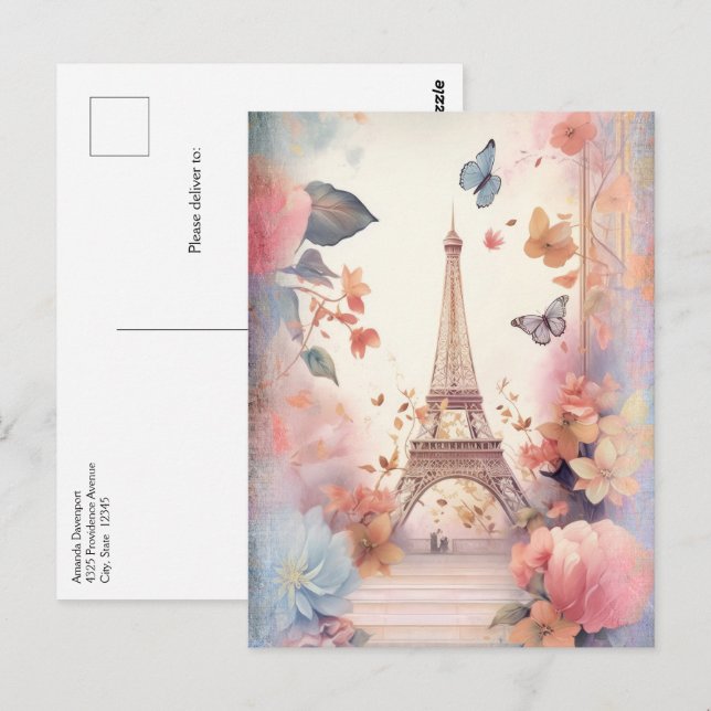 Carte Postale Tournure papillons et fleurs de la Tour Eiffel (Devant / Derrière)