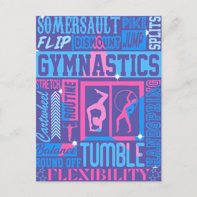 Carte Postale Tout sur Gymnastique Typographie en rose et bleu (Devant)