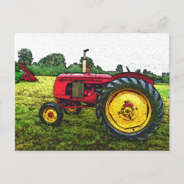 Carte Postale Tracteur agricole rouge et jaune (Devant)