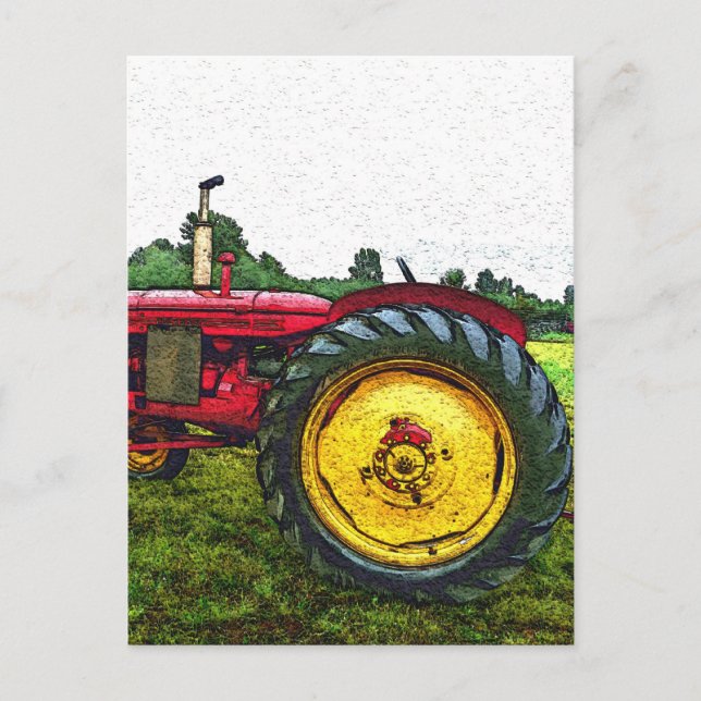 Carte Postale Tracteur agricole rouge et jaune (Devant)