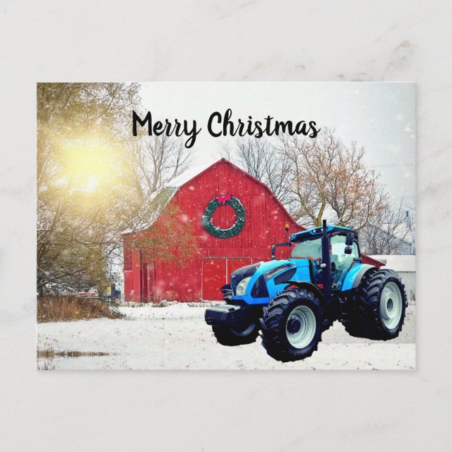 Carte Postale Tracteur bleu moderne à Barnyard Noël (Devant)