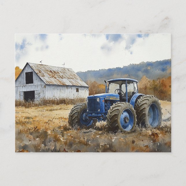 Carte Postale Tracteur bleu rustique Aquarelle à grange blanche (Devant)