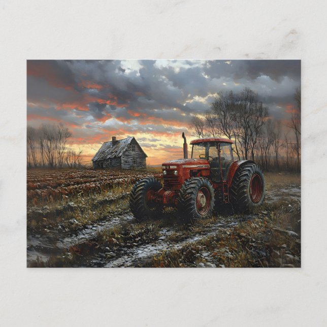 Carte Postale Tracteur dans un champ agricole rustique (Devant)