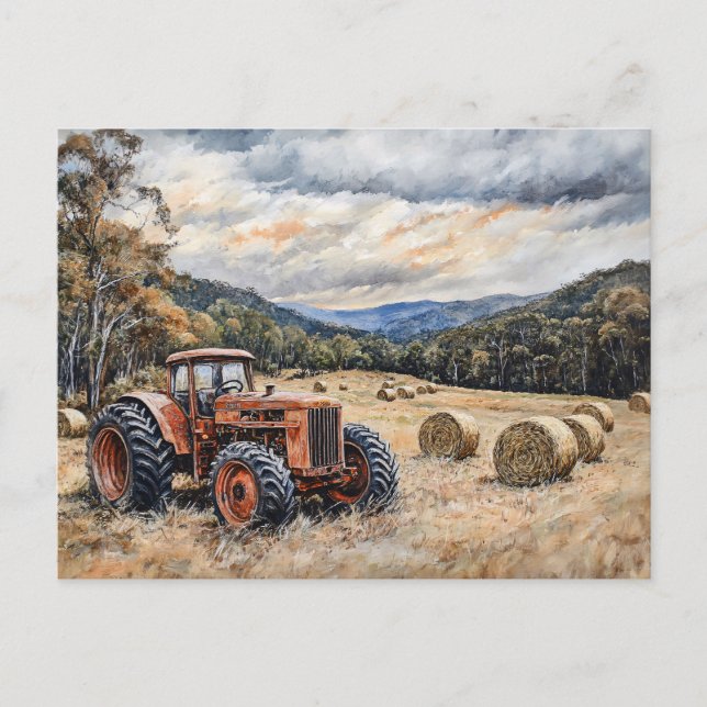 Carte Postale Tracteur dans un champ de foin rustique (Devant)