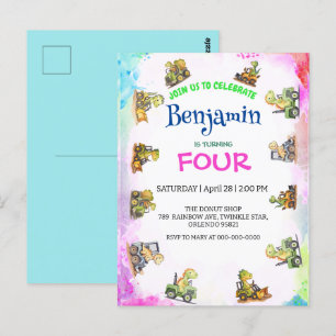 Carte Postale Tracteur de dinosaure mignon Anniversaire de l'éco