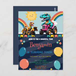 Carte Postale Tracteur dinosaure mignon Rainbow ballon Anniversa